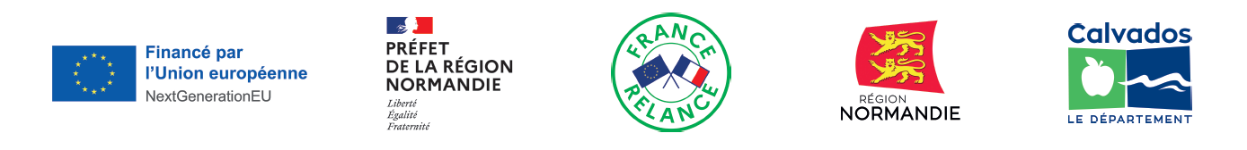 Logo : Union Européenne, Préfet de la Région Normandie, France Relance, Région Normandie, Département du Calvados